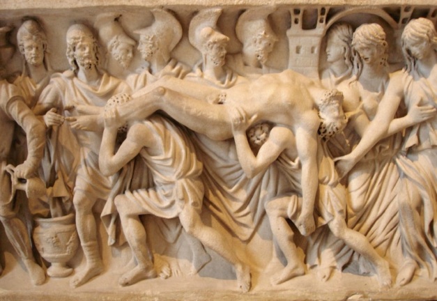 Hector's corpse brought back to Troy (detail). Roman artwork (ca. 180–200 CE), relief from a sarcophagus, marble.