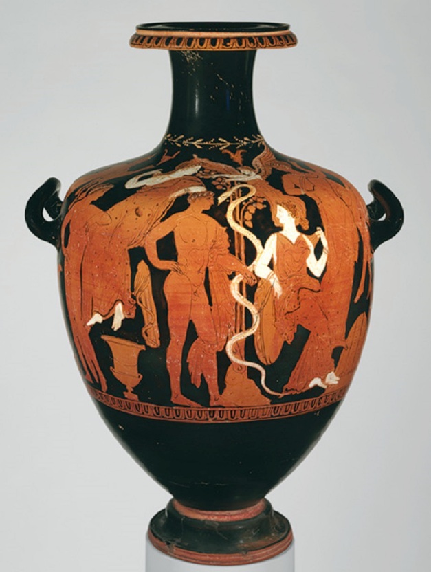 Hesperides Painter, Herakles with women, a satyr, and Pan in the Garden of the Hesperides, Terracotta Water Jar, H. 18 in. Ca. early 4th century