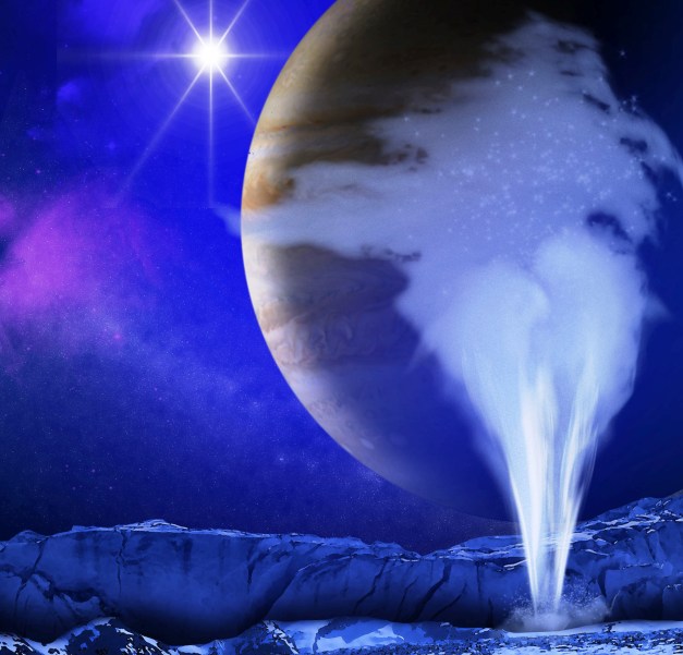plume of water vapor thought to be ejected off the frigid, icy surface of the Jovian moon Europa, located about 800 million kilometers from the sun
