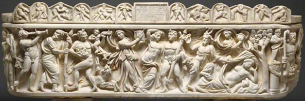Sarcophagus with various ancient instruments-tympanum, flute, & kymbala. Scenes of Bacchus, Roman, A.D. 210–220