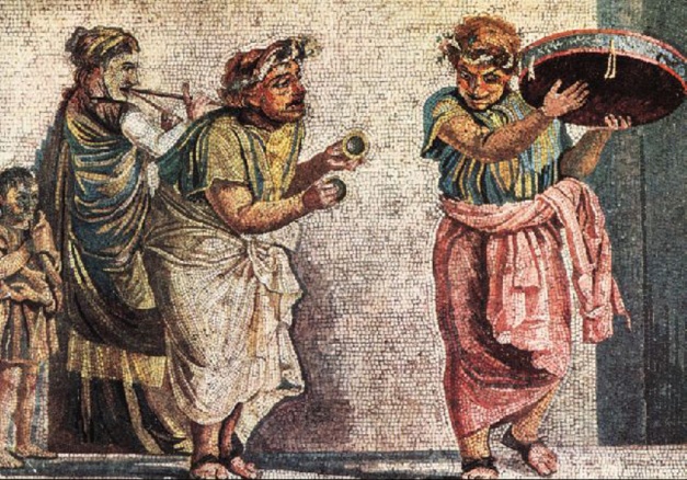 Trio of musicians playing an aulos, cymbala, and tympanum (mosaic from Pompeii)